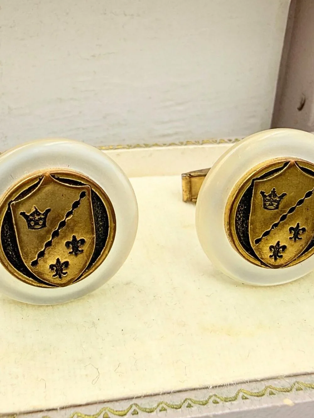 Honorable MCM Gold Plated Heraldic Shield Motif Button Lucite Cufflinks